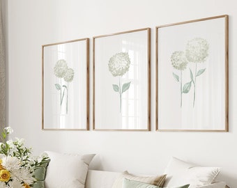 White Hydrangea watercolor flower painting, watercolor flower print, botanical art print, home wall art, living room decor, set of 3- F3