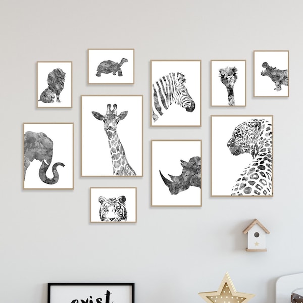 Black and White Animal Art Prints: Safari Nursery Decor Set - S62