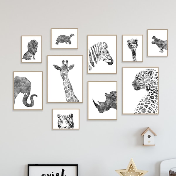 Animal art print, black white prints set, nursery animals prints, children decor, animals safari decor, safari nursery art, jungle art - S62