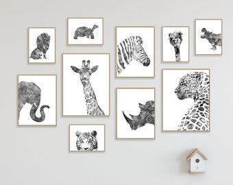 Black and White Animal Art Prints: Safari Nursery Decor Set - S62