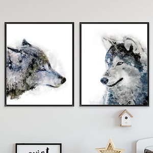 Watercolor Wolf Prints: Boho Nursery Decor, Forest Animal Art - Set of 2 - C14