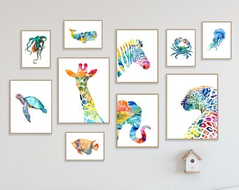 Watercolor Nursery Animal Prints: Colorful Baby Room Wall Decor, Set of 10 - S86