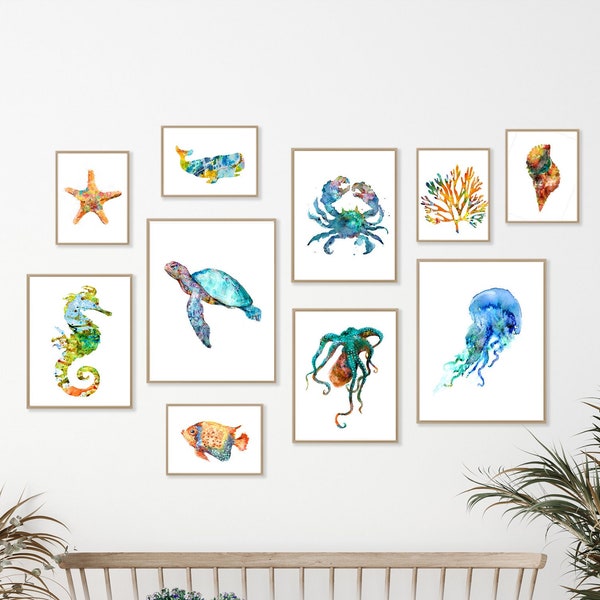 Ocean art nautical nursery art print set watercolor painting, kids wall art, beach decor, coastal art home decor - S42