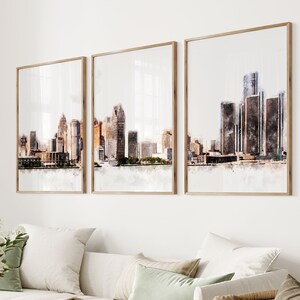 Detroit skyline, Detroit cityscape, Detroit print, Detroit poster print, Detroit travel print, Detroit wall art, travel wall print set of 3