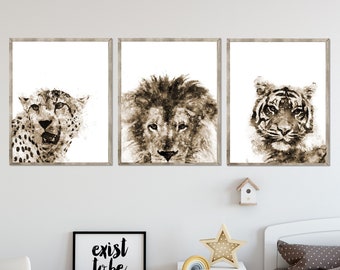 Wild animal prints, safary nursery prints, jungle animal wall art, childrens decor, wild life prints, wild cats set of 3 prints - S236