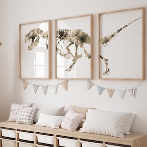 Impression d'art sépia, dinosaure pour chambre d'enfant, aquarelle Trex Bones, affiche pour chambre d'enfant, impression jurassique, art mural pour enfants, lot de 3 impressions, S227