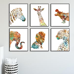 Nursery animal art, animal print, watercolor painting animals, jungle animals art, kids safari animal prints, Set of 6 prints - S1