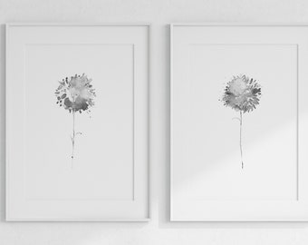 Dandelion print, flowers print, gray wall art, minimalist decor, flowers wall art, living room decor, modern art set of 2  -  K10