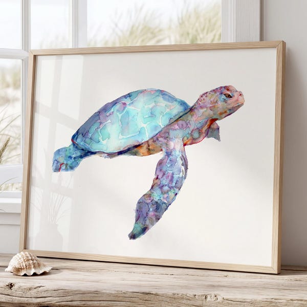 Sea Turtle Print, Watercolor Ocean Animal Wall Art, Coastal Nursery Decor - R53