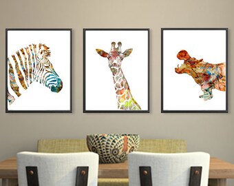 African Animal Art Watercolor Print, Giraffe Print Zebra Print Hippo Print, Kids Room Decor, Nursery animal wall decor  - 272/125/178