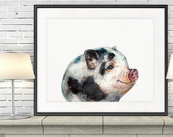 Impresión de acuarela de cerdo: Arte mural infantil, R46