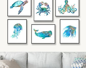 Watercolor nursery nautical prints beach wall decor ocean art blue coastal decor nautical baby shower coastal decor, set of 6 prints - S51