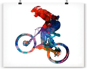 BMX Sport art print, Bicycle art print watercolor bike painting, boy art, kids art print, children room decor, blue red wall art - 356