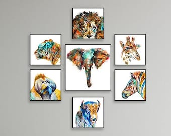 Watercolor animals art wall print set,  safari nursery animal print, animal painting, wild animal wall art, jungle nursery print set  - S122