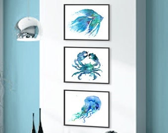Ocean art, blue watercolor art print, fish art, crab print, jellyfish print, nautical print, coastal decor, beach wall art - F217/F130/F152