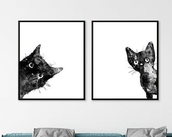 Black cat print, cats wall art, cats lover gift, pets prints, cat nursery print, cats painting, cats poster - R91