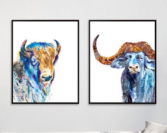 Animal art, watercolor painting buffalo, american bison print, wild buffalo print, bison art, wild animals painting, cottage decor - S136