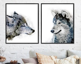 Animal art, wolf art print, wolf painting, watercolor animal print, forest nursery print, woodland nursery wall art Set of 2 prints - C14