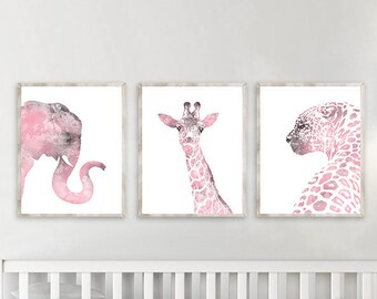 Watercolor pink animal prints, pink nursery decor, girl nurssery animal wall prints, baby girl animal decor, wall art set of 3 - P4