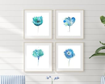 Blue decor watercolor flowers art print watercolour painting floral wall art flower print set, rustic wall art, living room decor - V1