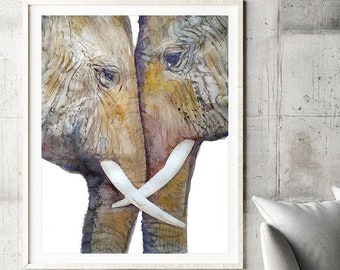 Watercolor elephant painting, elephant art, elephant print, animal print, animal art, living room decor - H358