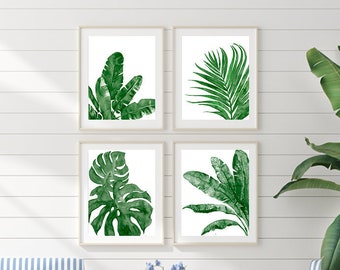 Tropical decor green leaves watercolor painting leaf print art print set palm leaves print set 4, green wall art plants botanical art - S8