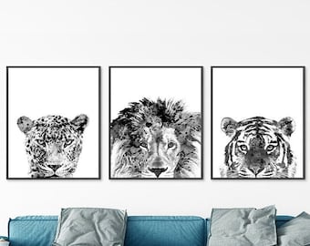 Black White Jungle Animal Art Prints: Wild Cats Safari Set - K24