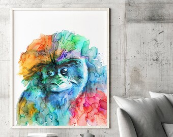 Gorilla art print original watercolor painting baby gorilla monkey print monkey painting jungle print nursery wall decor, animal print - R51