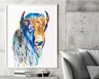 Watercolor american buffalo print, bison print, bison wall art, watercolor buffalo, animal painting, watercolor print, wild animal art - R20