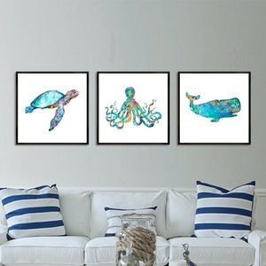 Beach wall art, coastal prints, coastal decor, nautical nursery decor, ocean art, sea life prints, animal art wall print set of 3 - V6