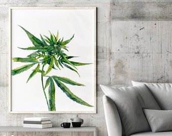 Watercolor Marijuana Leaf Print, Cannabis Wall Art, Green Home Decor