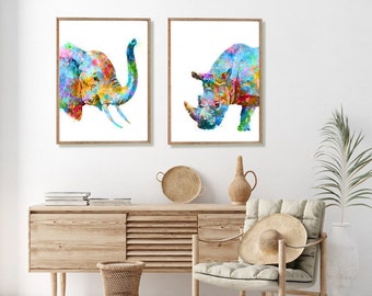Animal art print, animal prints, nursery animal prints, elephant print, rhino print, wild animals art, kids prints, set of 2 prints  - C11