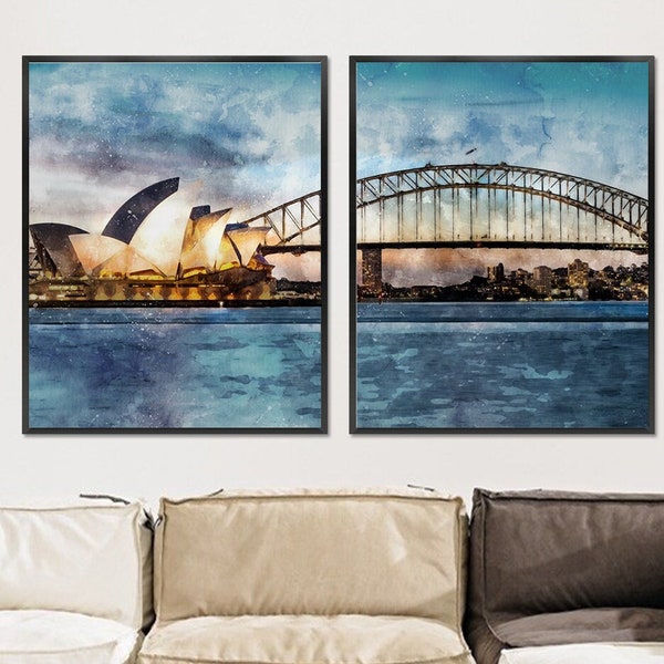 Sydeney Art Print, Sydney Poster, Sydney Skyline, Sydney Cityscape, Sydney Travel Decor, Sydney Australia wall art,  artwork set of 2