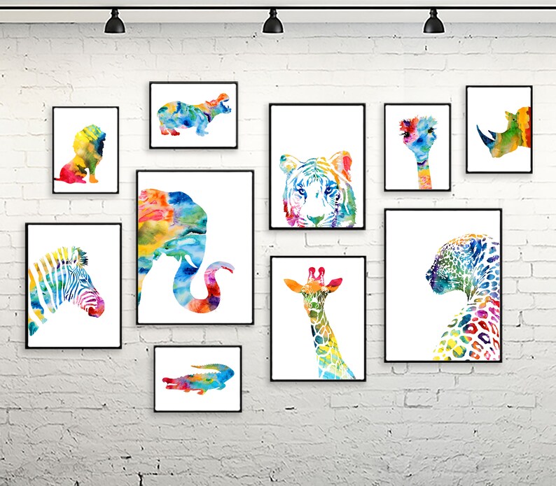 Estampados de animales de safari en acuarela: Decoración colorida para la pared de la habitación de los niños, juego de 10 - S52 imagen 3