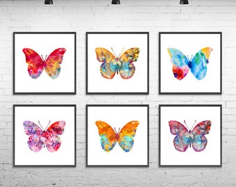 Watercolor butterfly painting, watercolor butterflies, wall art print set, butterfly poster, girl nursery wall decor, kids art set of 6 - V5