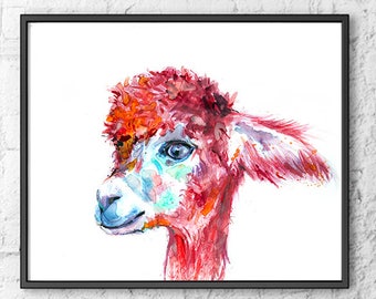 Llama watercolor print, zoo animal watercolors artwork pink decor, nursery animal, alpaca print, nursery decor, alpaca wall art - R22