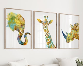 African animal art watercolor print, nursery animal decor, safari nursery art, jungle animal prints, wild animals set of 3  - S221