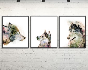 Animal painting, wolf prints, wolf poster, family art, animal prints, woodland prints, nursery animal art, wall prints set of 3 prints - C16