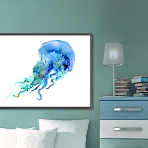 Watercolor Jellyfish print, jellyfish art, ocean art, blue nautical print, bathroom wall art, ocean theme, beach wall decor F217 image 3