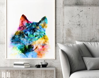 Watercolor wolf print, wolf poster, wolf art, woodland nursery decor, woodland animal art, animal print, animal nursery vibrant print - H381