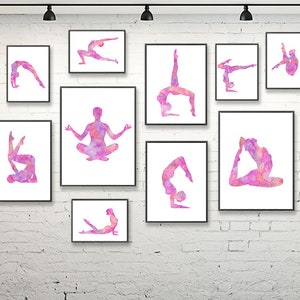 Purple yoga prints, yoga posters, yoga asana prints, yoga poses prints, yoga studio decor, meditation art, yoga art, print set of 10 prints