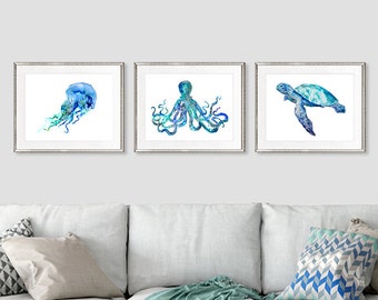 Nautical nursery decor, ocean art, bathroom art, sea life art, coastal decor, beach art prints, kids wall art, set of 3 prints - S24