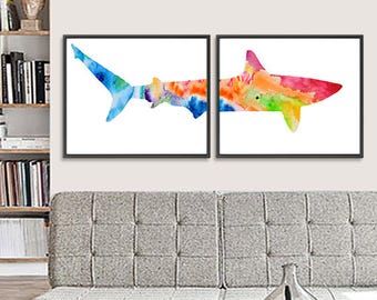 Watercolor Shark Art Poster, nursery poster, nautical print, coastal prit, shark print, shark poster, nursery decor, Set of 2 prints - H292