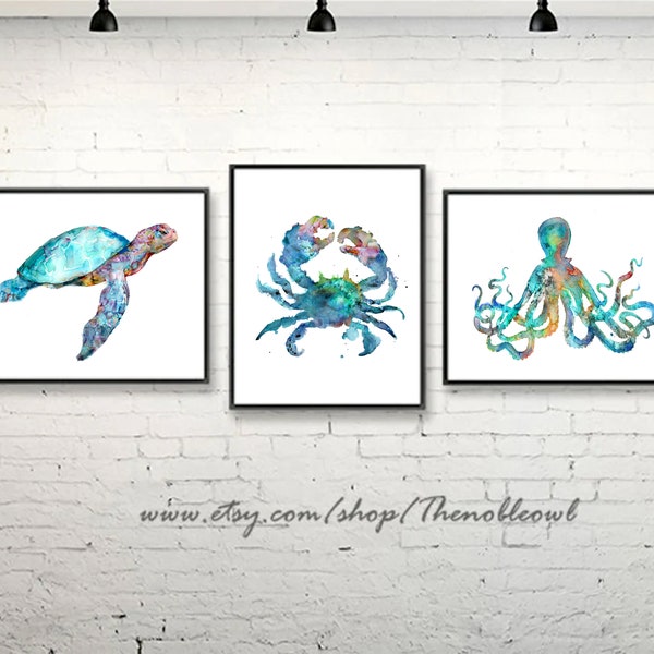 Sea art prints set watercolor nautical painting turtle crab octopus nautical print, coastal decor, coastal art, beach wall art - S3