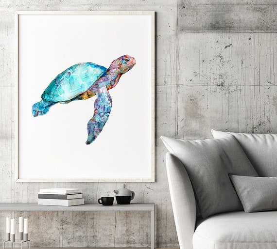 Ocean Tortoise Watercolor Art Print, Turtle Watercolor Pianting