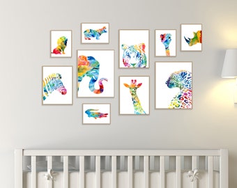 Watercolor Safari Animal Prints: Colorful Nursery Wall Decor, Set of 10 - S52