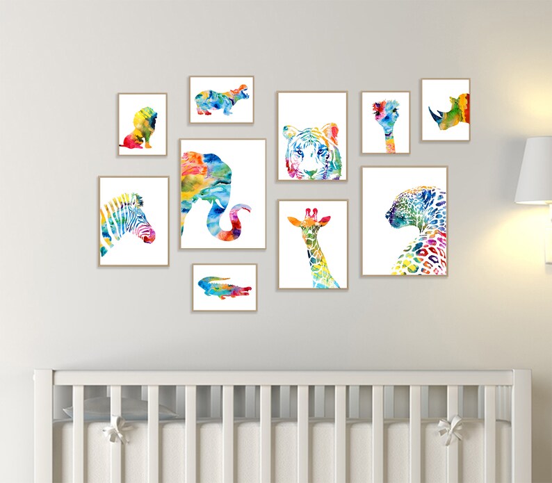 Estampados de animales de safari en acuarela: Decoración colorida para la pared de la habitación de los niños, juego de 10 - S52 imagen 4