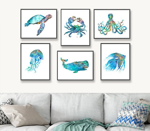 Watercolor nursery nautical prints beach wall decor ocean art blue coastal decor nautical baby shower coastal decor, set of 6 prints - S51