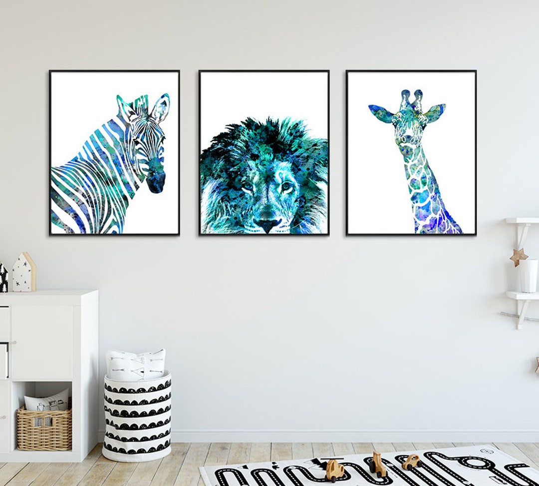 Blue Safari Nursery Art Prints, Blue Kids Room Decor, Animal Wall