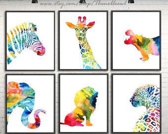 African animals nursery animal print watercolor kids art colorful wall decor animal art, Set of 6 prints - S30